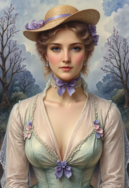 FS. A masterful 19th-century oil painting, imbued with a sense of quiet mystery and refined elegance. This is a bust-length close-up portrait of a young woman with delicate, porcelain-pale skin, enveloped in the soft, diffused glow of an early spring morning, veiled in gentle mist. Her blue eyes, deep and contemplative, seem to reflect the hush of dawn, holding an unreadable expression that lingers between melancholy and quiet curiosity. Her golden-blonde hair, naturally wavy, is partially concealed beneath a finely crafted bonnet, its intricate details rendered with meticulous brushwork.
The hat, a blend of Regency and early Victorian influences, is a wide-brimmed straw bonnet, slightly tilted, its edges softened by the morning haze. It is adorned with layered lace veils, a narrow satin ribbon of muted periwinkle, and delicate hand-stitched floral embroideryâsubtle violets and faded primroses, their petals nearly blending into the fabric. The ribbon ties beneath her chin in an elegant, loose bow, its trailing ends absorbing the ambient colors of the misty dawn.
She is dressed in an ethereal, cream-hued Regency gown, yet the play of colors upon its surface is far from simple. The sheer outer layer, embroidered with a nearly imperceptible pattern of frosted silver thread, shifts in tone depending on the light, reflecting subdued blues, muted violets, and fleeting hints of warm sepia. The bodice, though modest, features an elegant, high lace collar, where shadows settle into the fine filigree of its embroidery. A dark sash of deep forest green or softened charcoal cinches the waist just beneath the bust, grounding the otherwise luminous composition with a touch of understated contrast.
The background melts into an impressionistic, enigmatic landscape, where bare tree silhouettes emerge through swirling mist, their branches adorned with the first hesitant buds of spring. The light is not sharp nor modern, but rather a painterly, diffused glow, as though filtered through layers of mist and shifting cloudsâcool silvers and warm, amber-tinged grays interweaving in a delicate balance. This is not the harsh illumination of a camera flash, but rather the natural interplay of morning light, casting subtle dusky violet shadows, mingling with fleeting golden undertones that catch on the womanâs hair and the embroidered textures of her dress.
The composition remains intimate and focused, drawing the viewerâs gaze toward the womanâs enigmatic expression, the intricate details of her attire, and the interplay of soft light and deep shadows, muted tones and unexpected bursts of complementary color. The painting breathes with a sense of time suspended between dawn and day, past and present, dream and reality.<lora:FS_v2:0.7> <lora:aidmaFLuxPro1.1_v0.3:0.5> <lora:Pastel_Watercolor:1>