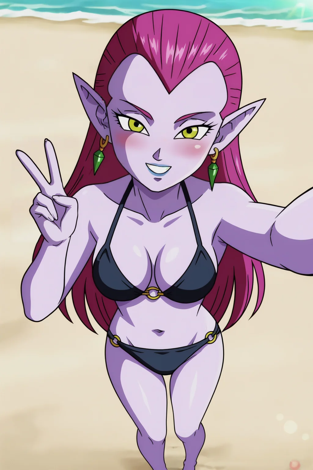 source_anime, score_9, score_8_up, score_7_up, anime screencap,
cocottedbs, high quality,
purple skin, purple hair, yellow eyes, very long hair, earrings, breasts,
sunlight, blue sky, sun,
bikini, barefoot, beach, outdoors, from above, looking at viewer, blush, v, smile, teeth, selfie,
<lora:cocotte_pony_v1:0.8>