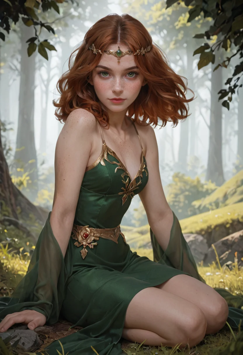 score_9, score_8_up, score_7_up, score_6_up, BREAK, young fantasy princess with auburn hair, 1girl, solo, medium hair, circlet, green eyes, freckles, (very pale skin, fair skin,:1.4) green outfit, gold accents, elegant, serene, virtuous, dynamic pose, seductive pose, (small smile:0.8), looking at viewer, partial side view, forest, sunny, sitting on the grass, detailed skin, film grain, dramatic lighting, (skin spots:0.7) <lora:g0th1cPXL:0.3> <lora:incase-ilff-v3-4:0.4> <lora:princess_xl_v2:0.35>
