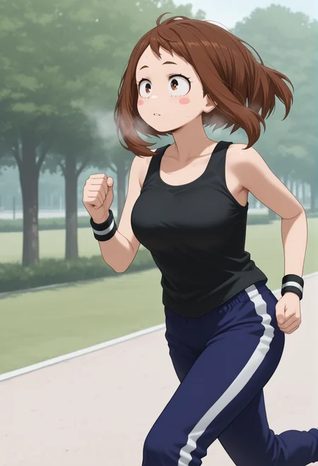 masterpiece, best quality, amazing quality, 1girl, solo, <lora:Illuraraka:1> illuraraka, brown hair, short hair, blush stickers, brown eyes, blue track pants, wristband, black tank top, outdoors, jogging, heavy breathing, park,