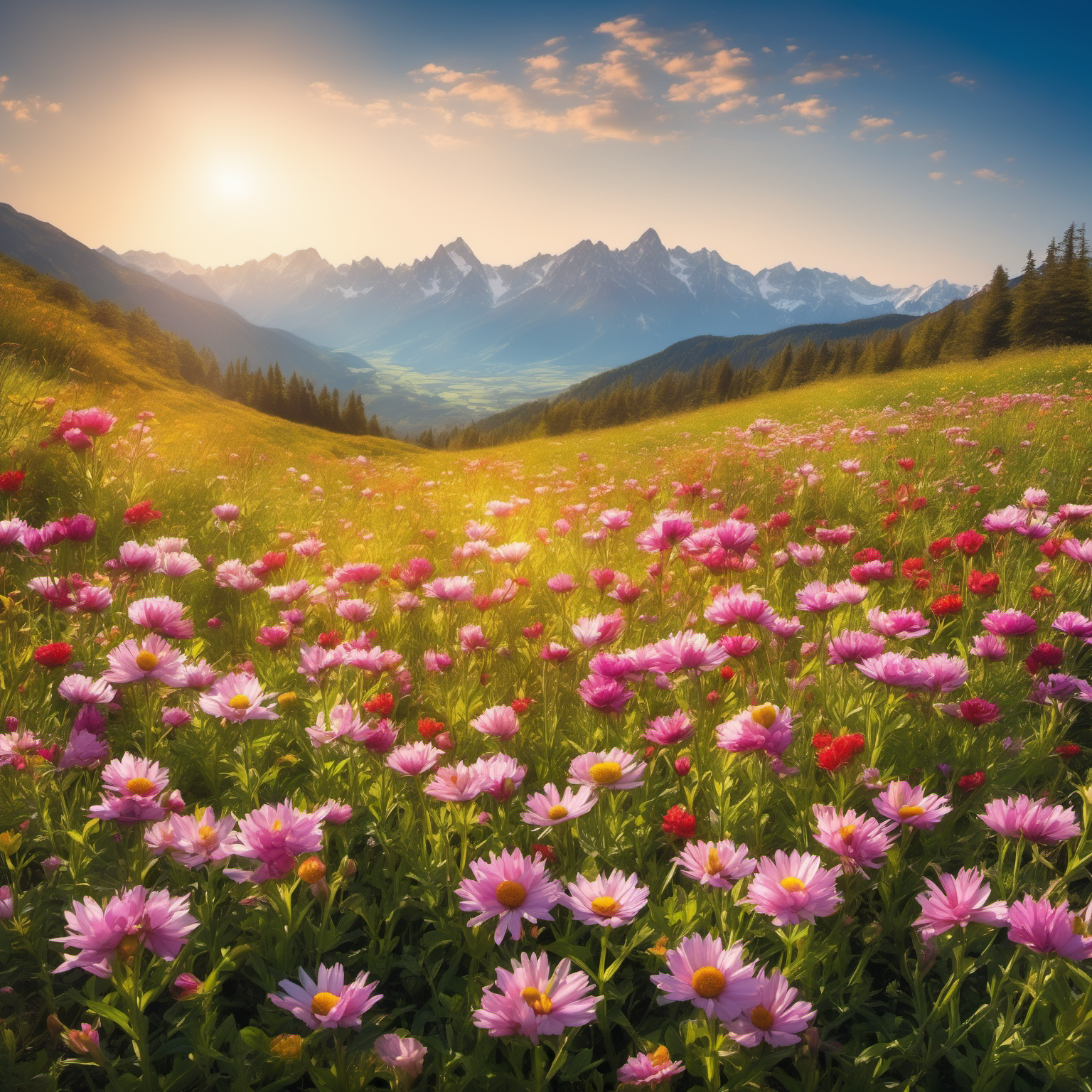 field, flowers,mountains,day time,sunshine,beautiful,best resolution,8kuhd,high res,