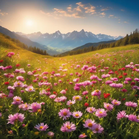 field, flowers,mountains,day time,sunshine,beautiful,best resolution,8kuhd,high res,