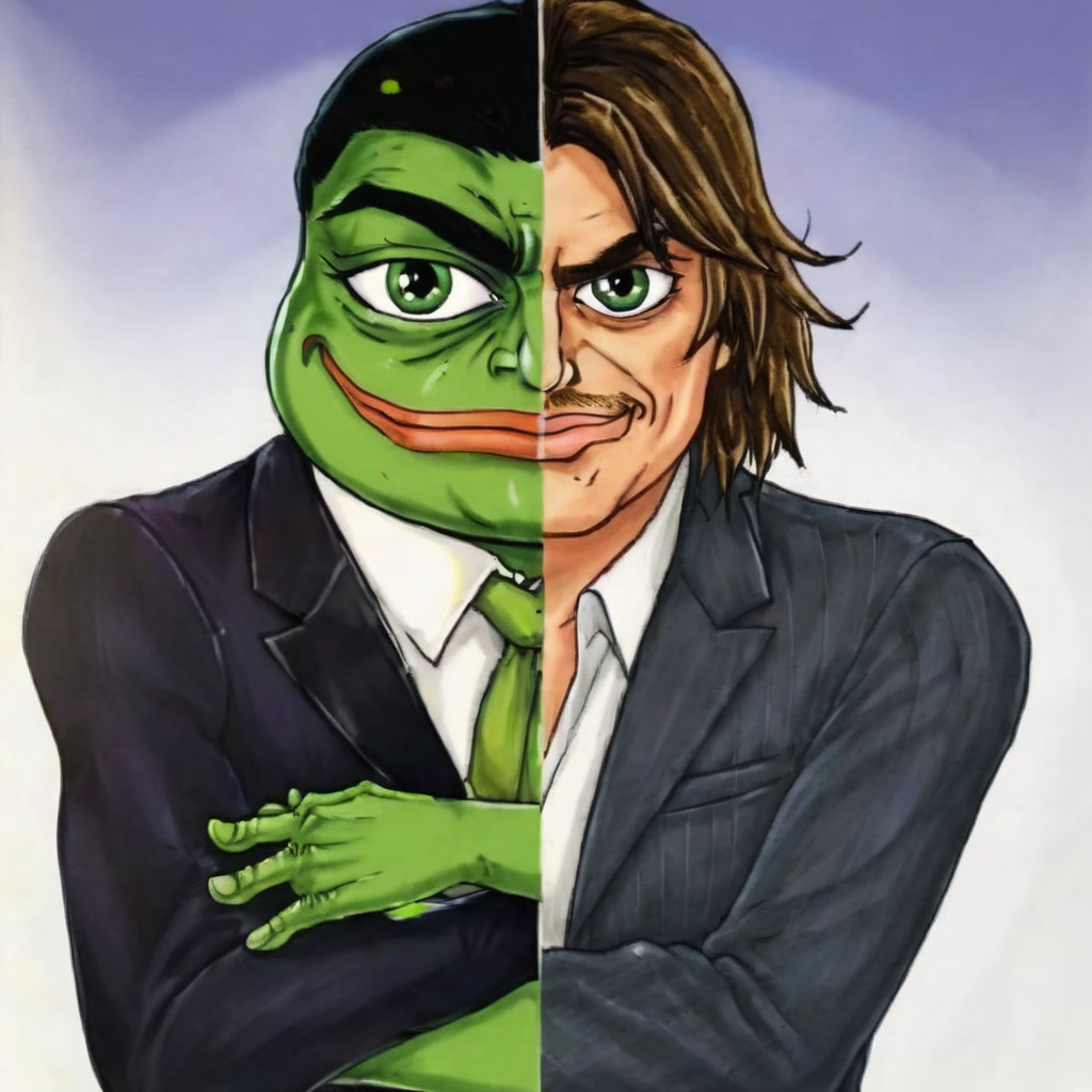 masterpiece,solo,pepe_frog,cartoon of a man, twofaces, <lora:twoface2:0.85>,human.no mask.business suite,  <lora:pepe_frog SDXL:0.8>