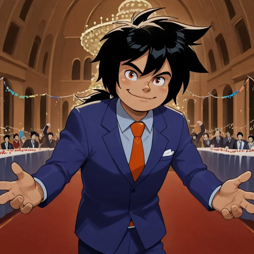 score_9, perfect quality, 1boy, solo, saburi, black hair, ponytail, suit, formal, indoor, party, smile