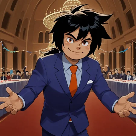 score_9, perfect quality, 1boy, solo, saburi, black hair, ponytail, suit, formal, indoor, party, smile