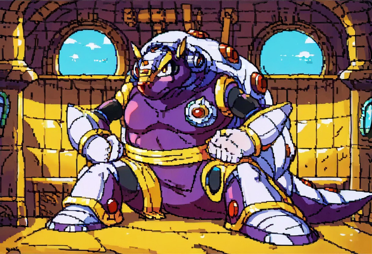 score_9, score_8_up, score_7_up, score_6_up, score_5_up, source_furry, maverick, armored armadillo, mmx, purple + gold armor, armadillo, metallic, robot animal, shell, red nose, armadillo ears, genderswap, 1girl, female, adult, breast, solo, looking at viewer, unamused, glare, hands on hip, annoyed look, mad