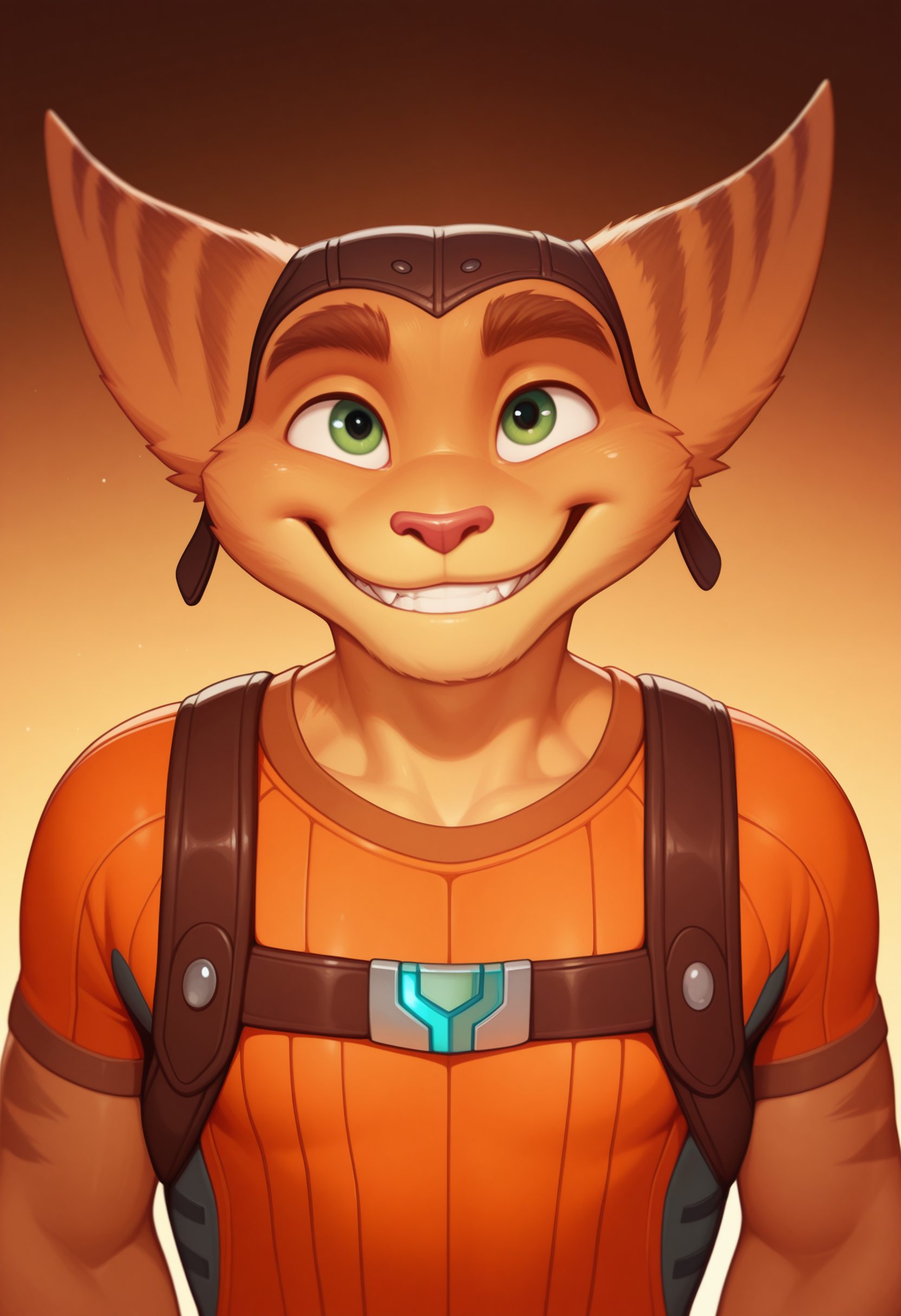 masterpiece, best quality, amazing quality, 1boy, solo, RatchetRC, Harness, Orange Shirt, Hat, smile