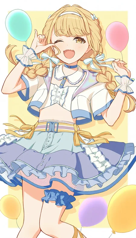 fujita kotone \(idol\), 1girl, one eye closed, blonde hair, solo, braid, yellow eyes, twin braids, fang, balloon, skirt, smile, blue skirt, open mouth, long hair, frills, stuffed toy, stuffed animal, hairband, looking at viewer, short sleeves, twintails, shirt, frilled skirt, bow, wrist cuffs, choker, white hairband, ;d, thigh strap, white shirt, skin fang, ribbon, hair bow, hair ribbon, crop top, virtual youtuber, {drop shadow}, very awa,masterpiece,best quality,highres,newest <lora:kotonev4:1>