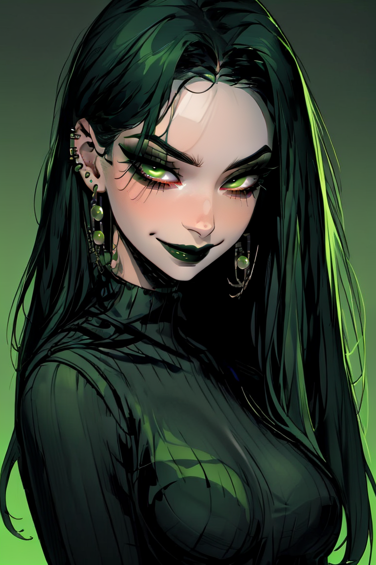<lora:Minimalistic_Style:1>,  absurdres, upper body, black background, 
1girl, solo, long hair, looking at viewer, smile, black hair, jewelry, medium breasts, green eyes, earrings, green hair, sweater, makeup, piercing, lipstick, portrait, green background, hair behind ear, green theme, black lips