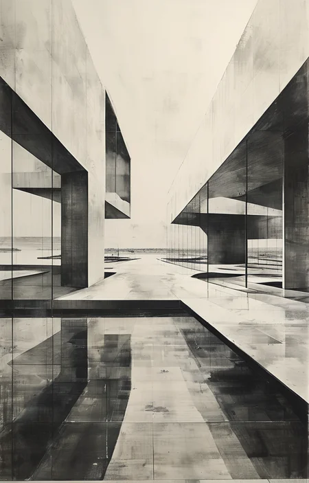 masterpiece,best quality,<lora:tbh304-sdxl:0.9>,illustration,designed by Norman Foster Minimalist Japanese-inspired tea house by the sea, evoking the style of Tadao Ando
