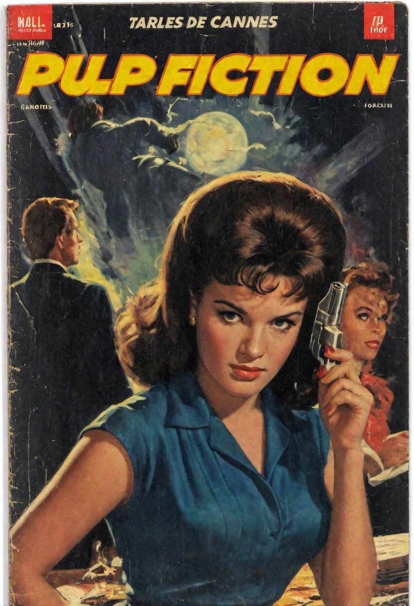 vintage comic book cover, Pulp fiction book cover 'starlets de Cannes', featuring a 19-year-old woman with radiant white complexion and dark brunette hair in a school outfit, Leia Thompson, Lorraine baines mcfly , at school, in the back to the future movie in the 1950s.