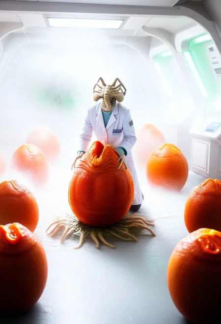 fchgr, blood orange style, xenoegg, view of a group of hatched xenoeggs, xenoeggs made of orange peel, horror theme, green light, space station interior, foggy ground, beautifully lit,
Female Doctor in lab coat with facehugger jumping at her, facehugger, alien facehugger