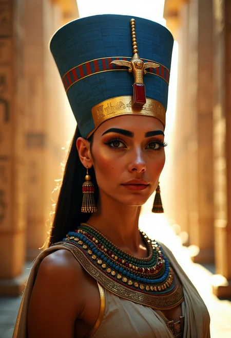 A breathtaking, high-definition photograph of Queen Nefertiti, capturing the elegance and power of one of ancient Egypt's most iconic rulers. She is adorned in traditional, regal attire, with her famous blue crown and elaborate jewelry. The lighting is soft and diffused, casting a gentle glow on her flawless skin and highlighting the intricate details of her garments. The lens is a 50mm prime, offering a sharp focus on her dignified expression, while the background features blurred, sunlit hieroglyphs and temple columns, evoking the grandeur of ancient Thebes.