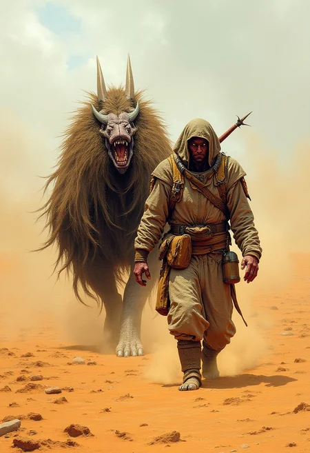 b@rl0w3, A highly detailed fantastical picture of demon in traveling skins wandering the wastelands of hell. Walking with a large hell creature covered in gear. High winds causing sand and debris to kick up against them