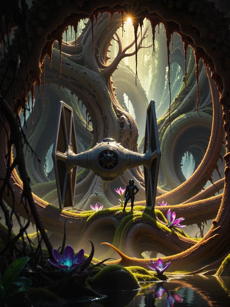ultra-high-resolution, 8k, 4k, science fiction, low angle view, dim lighting, crepuscular rays, hyperrealistic, masterwork cinematic digital painting in the style of ck-swc, science fiction, (bioluminescent alienplants:1.6), a sleek, black and grey imperial tie fighter has landed on a small mossy patch of ground amid the murky waters of a dense alien swamp, it is surrounded by colorful bioluminescent alienplants, its twin vertical hexagonal wings are slightly submerged in the soggy ground, the ships iconic angular design stands in stark against to the organic chaos of the dagobah jungle. ancient twisted trees arch overhead, their tangled roots gripping the islandâs edge, long strands of moss and vines drooping from the canopy, the swamp around the island is still and glassy, disturbed only by faint ripples and drifting mist. a lone imperial tie fighter pilot stands beside the craft, clad in glossy black armor and helmet, hands on hips in a watchful stance, the pilotâs presence is solitary and enigmatic, silhouetted by the surrounding mist and foliage, the pose calm yet alert, evoking a sense of control and discipline amidst the wild environment. the foreground is dotted with otherworldly exotic alienplants, while the background shows silhouettes of distant trees and vines fading into the fog, creating depth and an immersive jungle atmosphere. composition is wide and cinematic, with the tie fighter centered slightly off to the right, the pilot in the lower left quadrant, the island forming a grounded focal point framed by water and arching vegetation, perspective is slightly low and frontal to emphasize the imposing geometry of the spacecraft. lighting is soft and dim with warm shafts of golden light filtering through the canopy, blending with cool ambient swamp shadows, subtle reflections dance on the waterâs surface, and ambient mist creates atmospheric layering, a soft cinematic glow envelopes the scene. painted in a masterful digital art style with meticulous texture work, capturing the slick surfaces of the fighter, the rugged terrain, and the humid jungle atmosphere, blending clean sci-fi machinery with lush organic forms and moody natural light, fuchsia and eggshell white and sea green and dresden blue and byzantium purple, ovg, ck-swc, alienplants, <lora:style-star_wars-flux-by_chronoknight:0.84> <lora:alien_plants-flux-by_chronoknight:0.84>