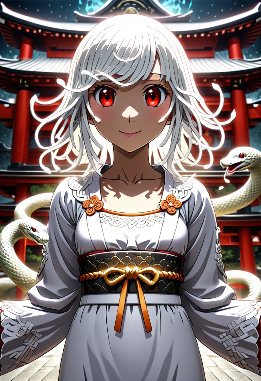 source anime, anime style, official art, "Sengoku Nadeko wrapped by a pale white snake around her, glowing under soft, eerie lighting, surrounded by detailed scales, mixed with a surreal and unsettling atmosphere, photorealistic textures." white_hair, red_eyes, medium_hair, snake_hair,  WHITE DRESS, looking at viewer, beautiful smile, japanese shrine, <lora:SDXLFaeTastic2400:0.4> <lora:extremely_detailed:0.4> extremely detailed, <lora:sn4ke:1>,sn4ke, Masterpiece,best quality,hi res,8k,hi res,8k,award winning,(sharp focus, intricate, highly detailed), rating:safe
