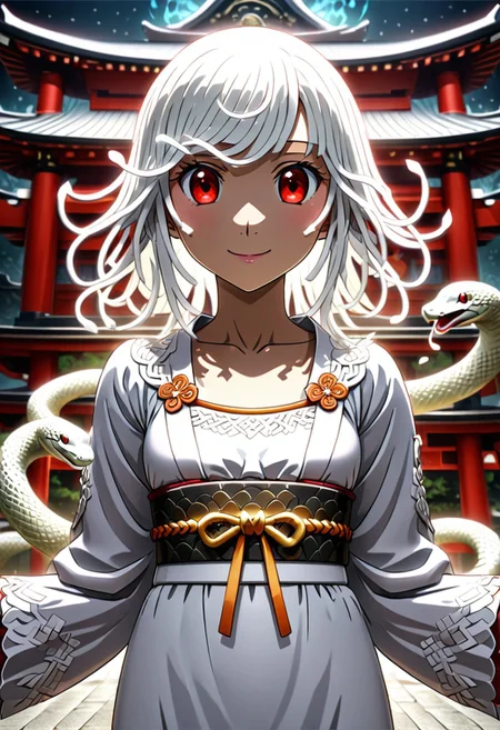 source anime, anime style, official art, "Sengoku Nadeko wrapped by a pale white snake around her, glowing under soft, eerie lighting, surrounded by detailed scales, mixed with a surreal and unsettling atmosphere, photorealistic textures." white_hair, red_eyes, medium_hair, snake_hair, WHITE DRESS, looking at viewer, beautiful smile, japanese shrine, <lora:SDXLFaeTastic2400:0.4> <lora:extremely_detailed:0.4> extremely detailed, <lora:sn4ke:1>,sn4ke, Masterpiece,best quality,hi res,8k,hi res,8k,award winning,(sharp focus, intricate, highly detailed), rating:safe