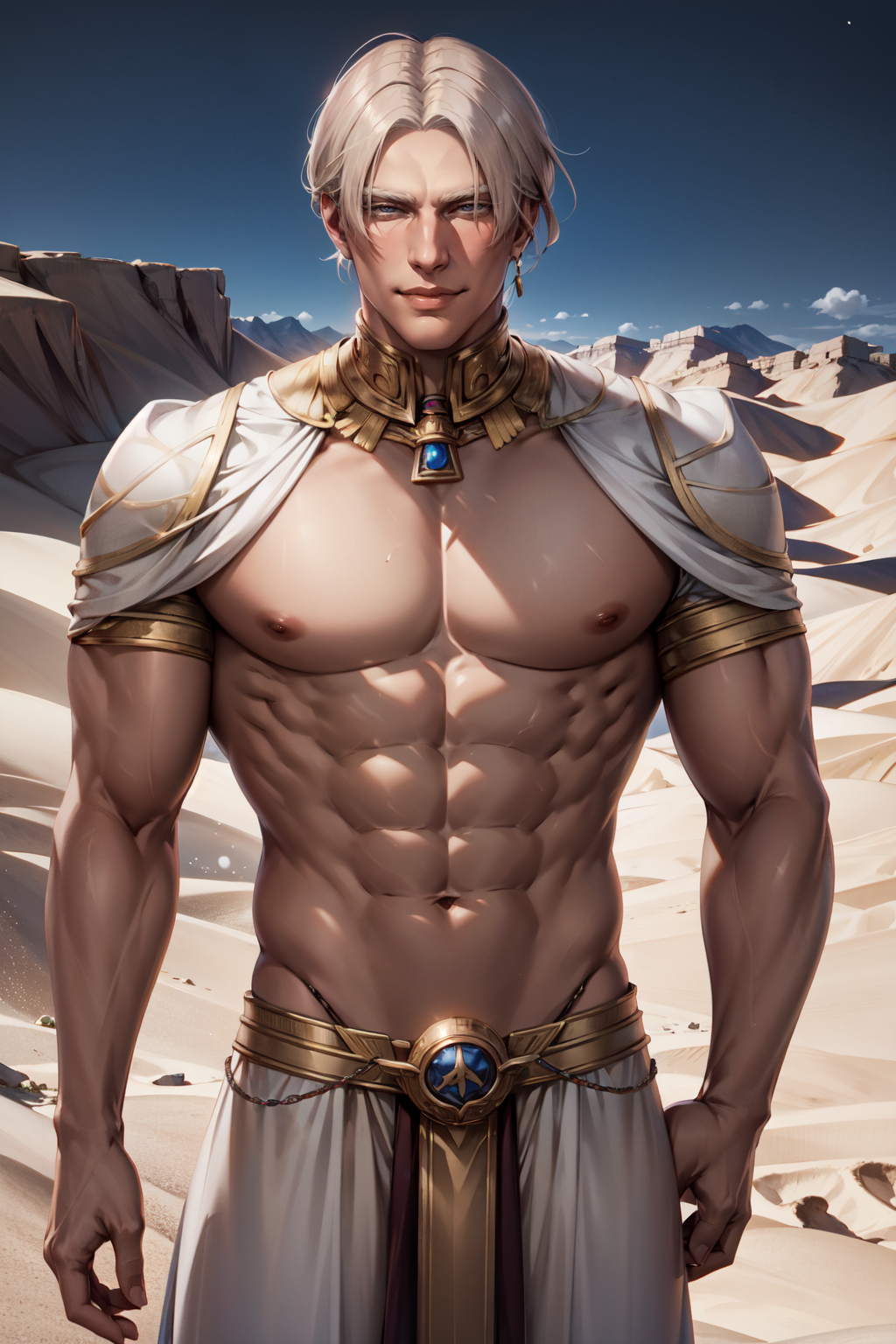 1male, solo, muscular male, platinum_blond_hair, smirk, desert background, amen <lora:Amen_KP:1>