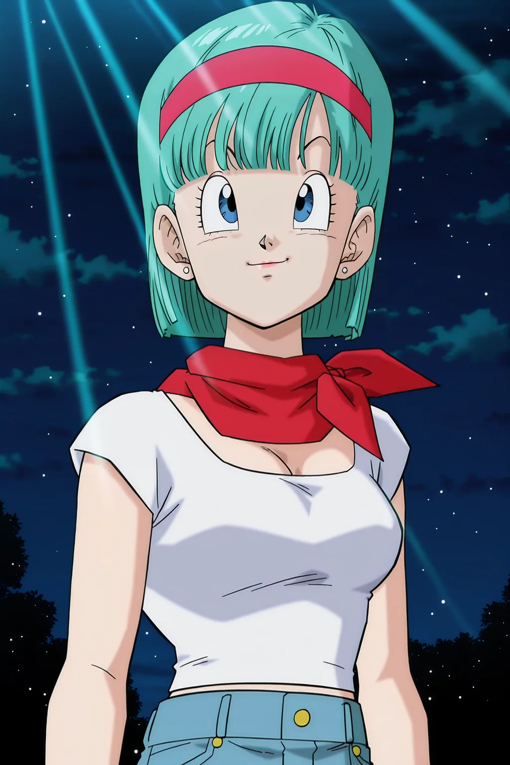 anime screencap, masterpiece, best quality, amazing quality, very aesthetic, absurdres, newest, (scenery, volumetric lighting), dappled sunlight, light particles, light rays, official style,
bulma, DBZ, namek saga, short hair, blue eyes, blunt bangs, aqua hair, pink hairband,
bulma, super, shirt and jeans outfit, official style, anime screencap, 1girl, solo, breasts, smile, cleavage, night, medium breasts, closed mouth, white crop top, upper body, short sleeves, stud earrings, cloud, red neckerchief, eyelashes, looking at another
<lora:Bulma_XIL:0.8>