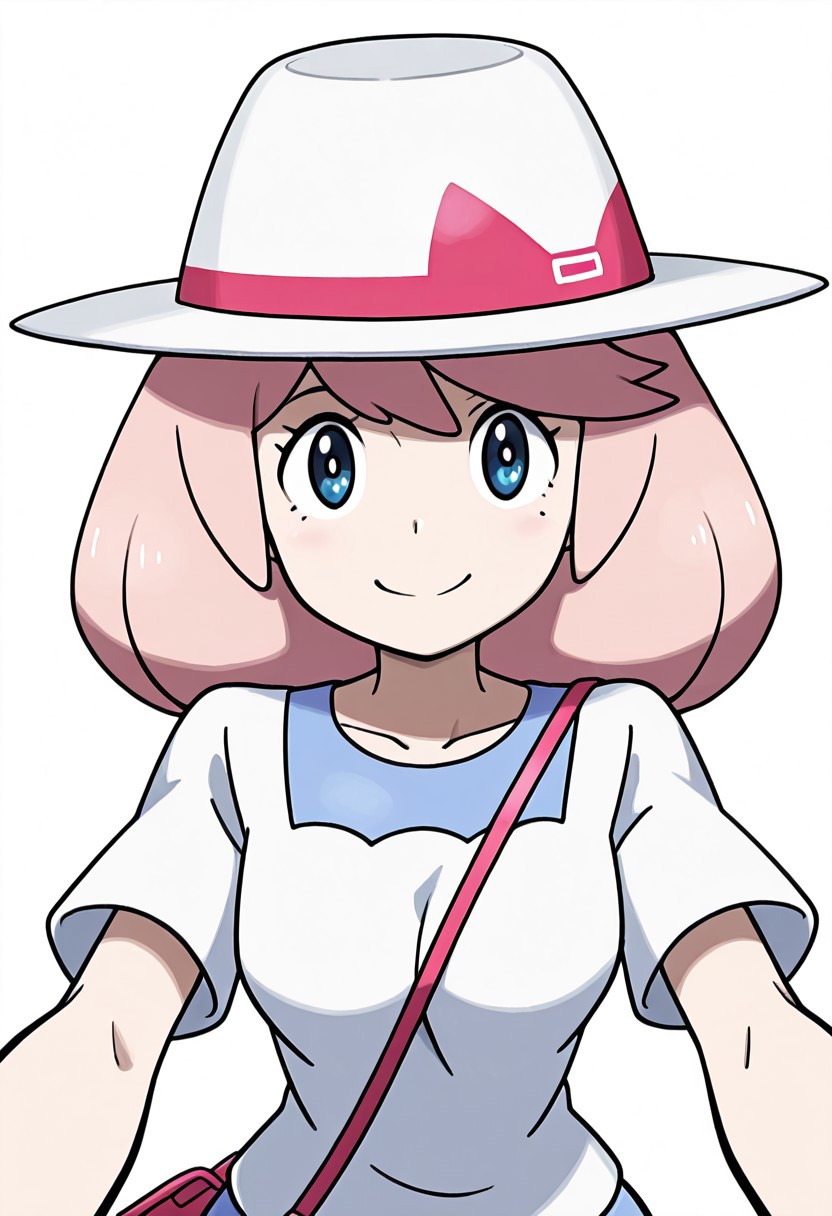 masterpiece, best quality, solo, curvy, beautiful eyes, girl, solo, smile, looking at viewer, dynamic pose, from below, (fisheye), foreshortening, close up,  (leaning forward, eye focus, anime screenshot, 
(upper body), white background,
zzYancy, blue eyes, medium hair, pink hair,  white hat, pink bow, white shirt, blue dress,