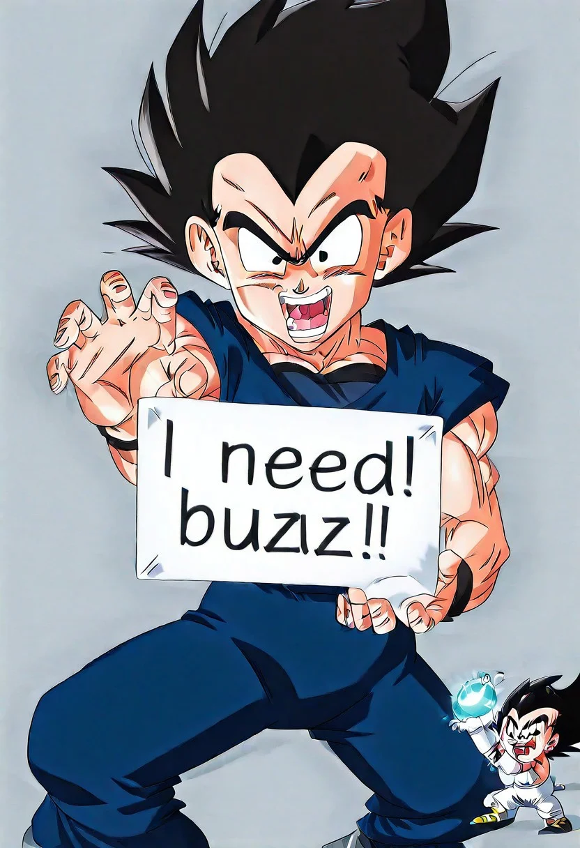 (chibi Goku:1.4), (trying to charge a Kamehameha (Dragon Ball):1.4), (hands in beam pose with no energy:1.3), (small energy ball flickering and failing:1.2), (saying "ha... kame...":1.3), (holding a sign that says "I need buzz":1.5), (need_buzz:1.4), (snowy setting:1.2), (chibi Vegeta:1.4), (Vegetaill:1.3), (Gokuill:1.3), (laughing while drinking an energy drink:1.3), (funny anime scene:1.3), (energy drink can labeled "buzz":1.2), (cute proportions:1.4), (big expressive eyes:1.3), (soft shadows and cel-shading:1.2), (high detail:1.2), (anime background:1.1), (beam:1.2), (energy ball:1.2), (kamehameha:1.3), (holding sign:1.4)