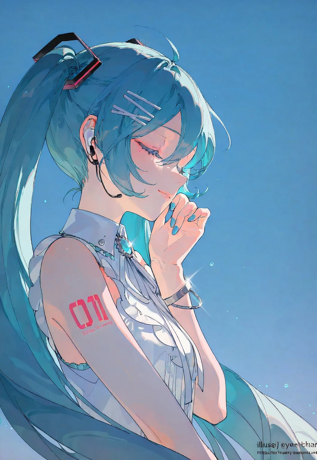 artist:yeej chan, artist:suzumi \(ccroquette\), artist:rella, crypton future media, piapro, vocaloid, hatsune miku, 1girl, artist name, bare shoulders, blue hair, blue nails, blue sky, bracelet, brooch, close-up, closed eyes, closed mouth, day, earbuds, earphones, eyelashes, fingernails, frills, from side, glint, hair between eyes, hair ornament, hairclip, hand on own chin, hands up, head rest, jewelry, light particles, light smile, long eyelashes, long hair, neck ribbon, number tattoo, outdoors, product placement, profile, ribbon, shirt, shoulder tattoo, sky, sleeveless, sleeveless shirt, solo, sunlight, tattoo, twintails, upper body, web address, white ribbon, white shirt, wireless earphones, x hair ornament