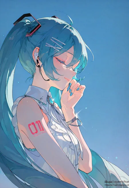 artist:yeej chan, artist:suzumi \(ccroquette\), artist:rella, crypton future media, piapro, vocaloid, hatsune miku, 1girl, artist name, bare shoulders, blue hair, blue nails, blue sky, bracelet, brooch, close-up, closed eyes, closed mouth, day, earbuds, earphones, eyelashes, fingernails, frills, from side, glint, hair between eyes, hair ornament, hairclip, hand on own chin, hands up, head rest, jewelry, light particles, light smile, long eyelashes, long hair, neck ribbon, number tattoo, outdoors, product placement, profile, ribbon, shirt, shoulder tattoo, sky, sleeveless, sleeveless shirt, solo, sunlight, tattoo, twintails, upper body, web address, white ribbon, white shirt, wireless earphones, x hair ornament