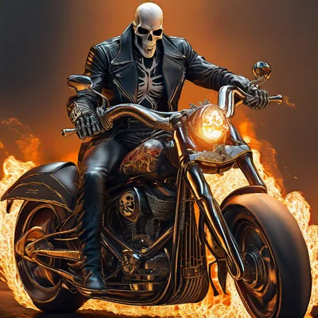 "Ghost Rider" :: Leather Jacket :: by Gustave Dor, Greg Rutkowski, Keith Thompson, Alphonse Mucha:: sinister :: 8k resolution :: concept art :: portrait :: facial structure :: WLOP :: dynamic lighting :: hyperdetailed :: intricately detailed :: Splash art :: trending on Artstation :: lightsplash :: Unreal Engine 5 :: volumetric lighting :: sharp focus :: detailed face :: smooth :: skeletal ::  herude  :: flashlight glare :: fire :: dark tones :: ghost rider on a motorcycle