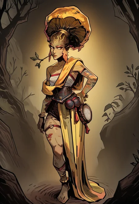 masterpiece, best quality, newest, absurdres, highres, TTCSV1.0, 1girl, EURY-V1.1, tree, tree on head, tree hair, plant girl, plant hair, orange eyebrows, plant humanoid, dryad, jewelry, yellow hair, tattoo, anklet, sarashi,