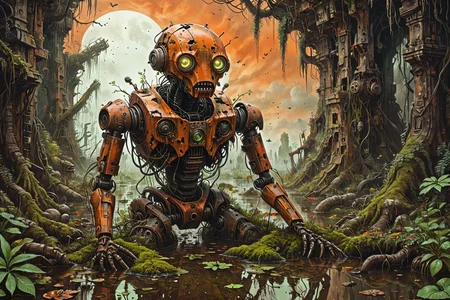 a vivid scifi illustration of fantastical surreal broken rusted and overgrown war robot drowned in a swamp, destroyed weapons, machinery, moss, leaves, trees, jungle, dark-orange sky,
 <lora:Dystopia:0.25> <lora:The_Crazy_Style:0.3> 
 <lora:linquivera:0.7> linquivera
 <lora:illusionix:1>  illusion