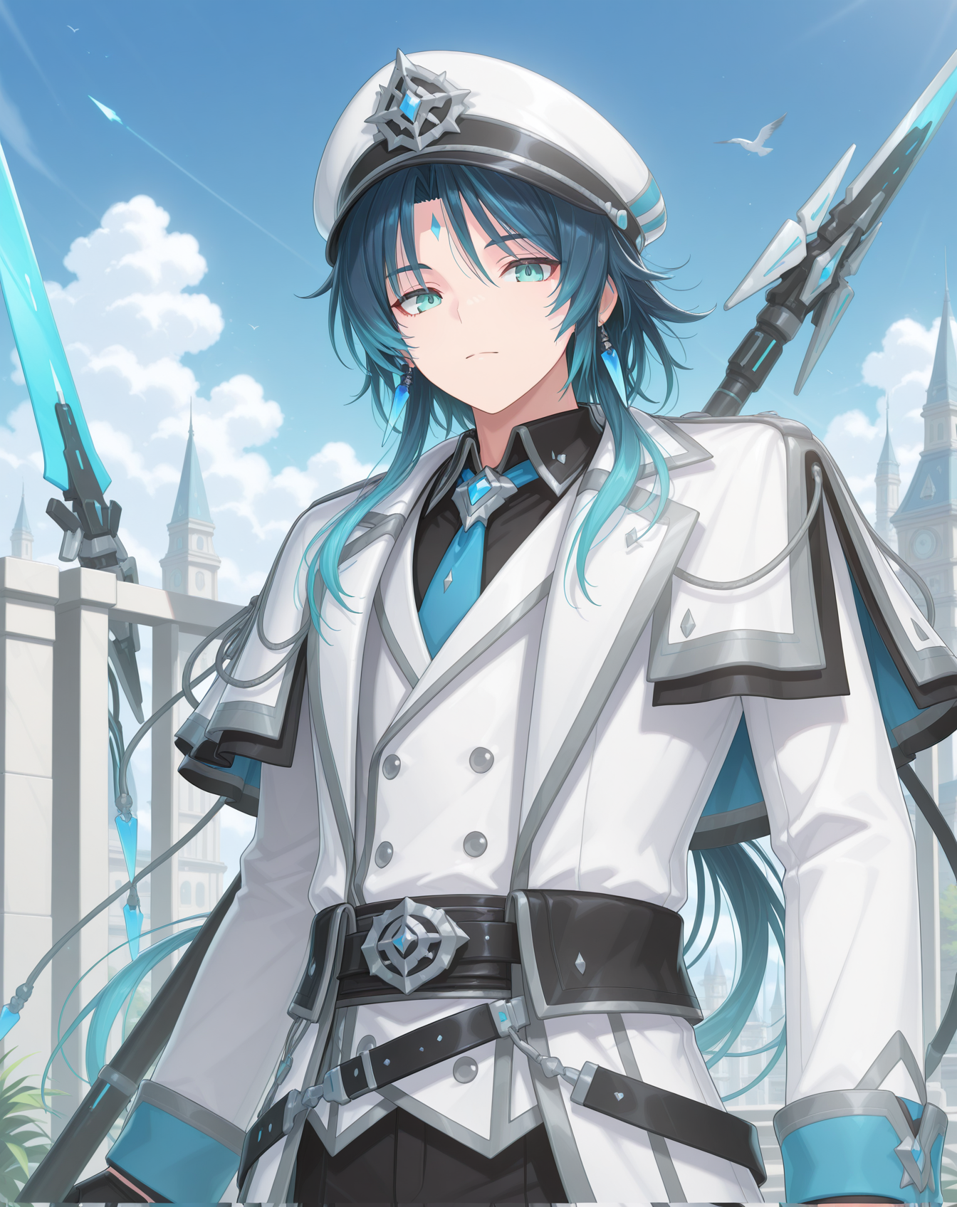 masterpiece, amazing quality, best quality, absurdres, very aesthetic,
1boy, solo, yaoi, male focus, cowboy shot, upper body, looking at viewer, face focus,
 <lora:Nepteon_Blue_Abyss_ilxl:1> nepteonba, dark blue hair, forehead mark, aqua eyes, sidelocks, 
white coat, black gloves, black pants, blue necktie, blue sash, black shirt, hat, long sleeves, peaked cap, black belt,white headwear, collared shirt, white capelet, double-breasted, buttons, sleeve cuffs, lapels, open coat, jewelry, white jacket, black necktie, black sash, black footwear, shoes,
holding polearm, holding weapon,spear, floating weapon,
outdoors, day, blue sky,