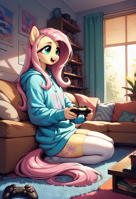 score_9, score_8_up, score_7_up, score_6_up, semi-realistic artwork, detailed background, high quality, vibrant colors, best quality rendering, intricate details, high resolution, sharp focus, best render quality, (background-living room, couch, videogame), side view,
1girl, solo, {Fluttershy (anthro pony) long hair, 18 yo, narrow shoulders, skinny, shiny skin,
oversized hoodie, white thigh-high socks,
dynamic pose, sitting couch, holding controller, playing videogames,
shy, happy,