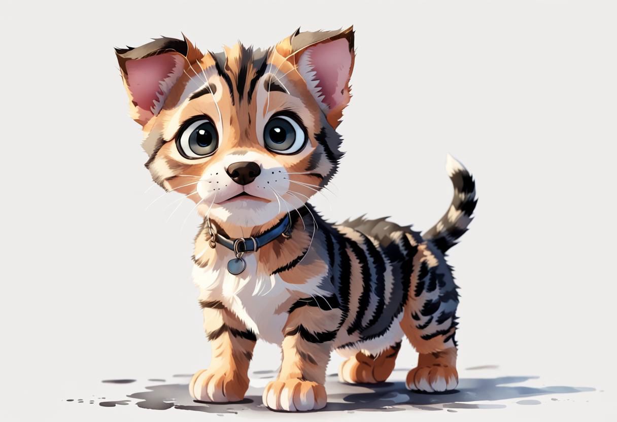 AA tabby puppy with a lot of black and I want the Disney Pixar style in a white background painted by watercolor 3DAnimationStyle