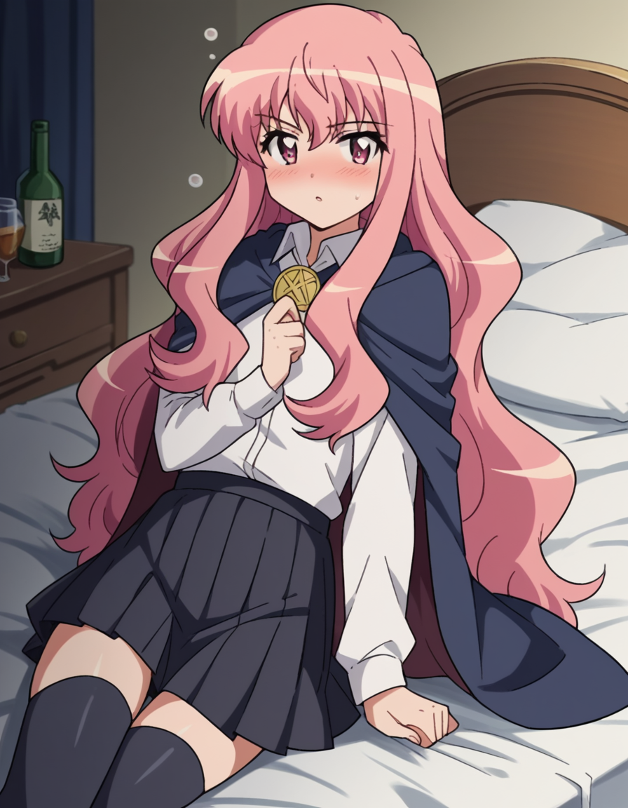 score_9, score_8_up, score_7_up, source_anime,
louisefrancoiseleblancdelavalliere, <lora:louise-francoise-le-blanc-de-la-valliere-s3-ponyxl-lora-nochekaiser:1>,
louise francoise le blanc de la valliere, long hair, pink hair, pink eyes, sidelocks,
skirt, thighhighs, cape, zettai ryouiki, long sleeves, shirt, white shirt, collared shirt, black skirt, pleated skirt,
indoors, bed, bed room, on side, blush, drunk,
looking at viewer, cowboy shot, solo, dutch angle