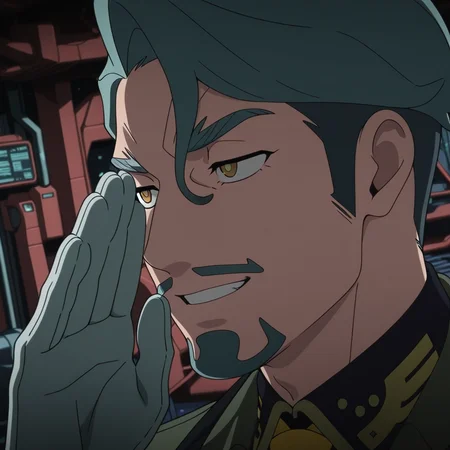 <lora:IL_GQ_Shallia_Bull:1>,GQ_bull,1boy,solo,GQ_Shallia,goatee,gq_mustache,sideburns,thick eyebrows,GQ_Shallia_clt,yellow necktie,gloves,green jacket,sci-fi,hangar,dutch angle,foreshortening,close-up of face,whispering,bad mood,looking away,grin,, masterpiece,best quality,amazing quality,uncensored