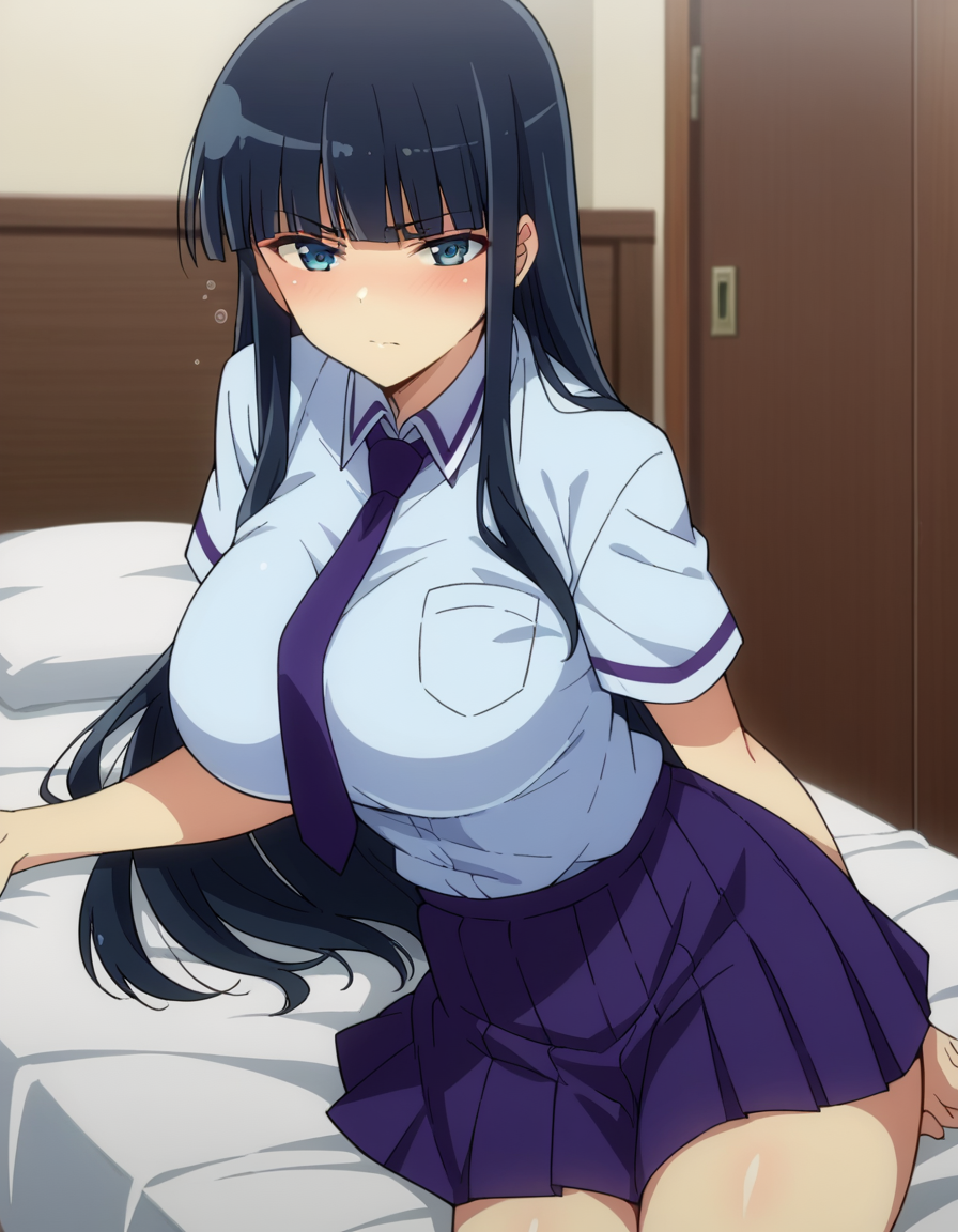 score_9, score_8_up, score_7_up, source_anime,
skikaruga, <lora:sk-ikaruga-ponyxl-lora-nochekaiser:1>
ikaruga, long hair, blue eyes, black hair, bangs, blunt bangs, large breasts,
skirt, shirt, school uniform, pleated skirt, necktie, purple skirt,
indoors, bed, bed room, on side, blush, drunk,
looking at viewer, dutch angle, cowboy shot