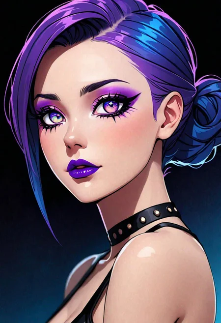 neo noir style portrait of a beautiful woman painted on wall with light, stunning beauty, soft light, pastel colors ,black and purple hair, dark punk, heavy makeup, line art, postmodernism, neo noir, simple background, glowing lips, lips closed, light smile, masterpiece, natural style, braided mohawk,, realistic and detailed eyes, beautiful eyes, amazing eyes,kawaii makeup dark makeup, nerd, red glowing lips, bangs,