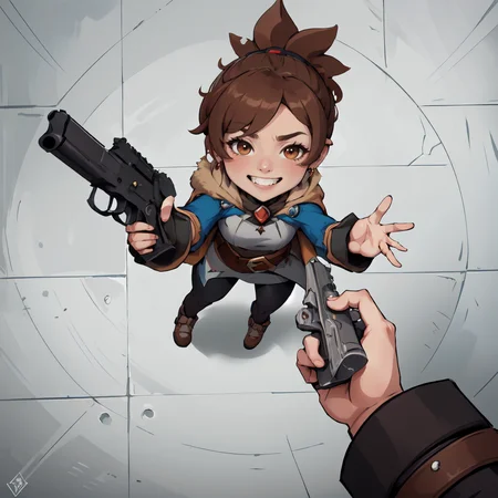 (masterpiece,best quality,absurdres),anzhcgodoacrime,from above, chibi, pov, holding gun,1girl,marci, ponytail,jacket, brooch, cape, vambraces, leggings, belt,grin,brown hair <lora:dota2_marci:0.8> <lora:AnzhcGoDoACrime2_118390:1>