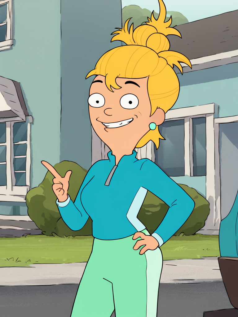 <lora:AnnieHarrisPony1.0:1> annieharris, blonde hair, 1girl, solo, earrings, hair bun, green pants, blue track jacket, long sleeves, smile,standing, outdoors,upper body,looking at viewer, hand on own hip, score_9, score_8_up, score_7_up, score_6_up, score_5_up, score_4_up