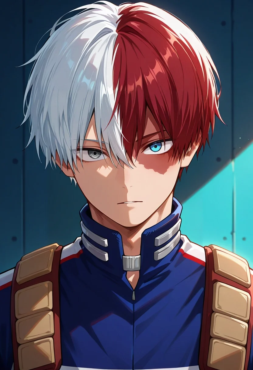 masterpiece, best quality, intricate details, (realistic:0.6), looking at viewer, , 1boy, solo, male focus, <lora:shouto_todoroki_ilxl:0.96>, shouto_todoroki, white hair, red hair, grey eyes, blue eyes, heterochromia, short hair, hair between eyes, bangs, multicolored hair, two-tone hair, split-color hair, burn scar, scar on face, ,