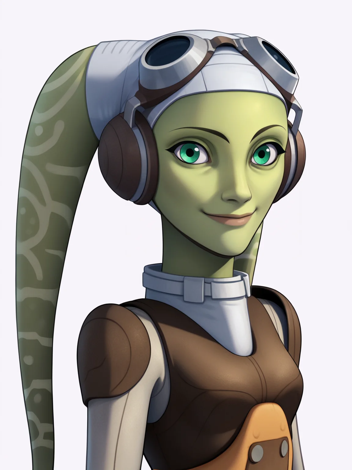 score_9, score_8_up, score_7_up, score_6_up, score_5_up, score_4_up, BREAK, source_anime,
1girl,  herasyndulla, tentacle hair, twintails, green eyes, alien, green skin,
goggles on head, bodysuit,
smile, upper body, looking at viewer, solo, simple background, white background    <lora:HeraSyndullaXL:1>