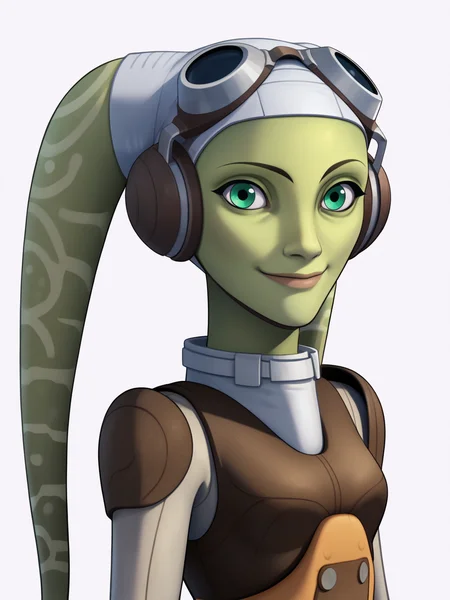 score_9, score_8_up, score_7_up, score_6_up, score_5_up, score_4_up, BREAK, source_anime,
1girl, herasyndulla, tentacle hair, twintails, green eyes, alien, green skin,
goggles on head, bodysuit,
smile, upper body, looking at viewer, solo, simple background, white background <lora:HeraSyndullaXL:1>