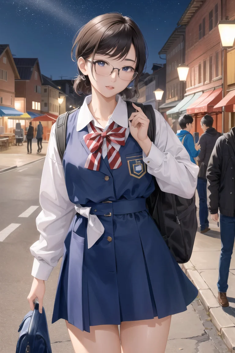 masterpiece, high quality, sharp focus, a slim 22yo korean student, wearing glasses, school clothes, carrying backpack, nice thighs, perfect face, perfect jawline, textured skin, beautiful lips, warm lighting, park scene, cool atmosphere, starry night, 8k, uhd, absurdres