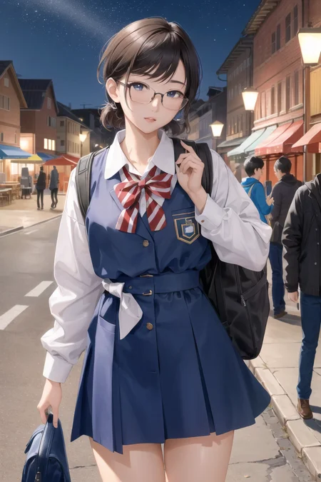 masterpiece, high quality, sharp focus, a slim 22yo korean student, wearing glasses, school clothes, carrying backpack, nice thighs, perfect face, perfect jawline, textured skin, beautiful lips, warm lighting, park scene, cool atmosphere, starry night, 8k, uhd, absurdres