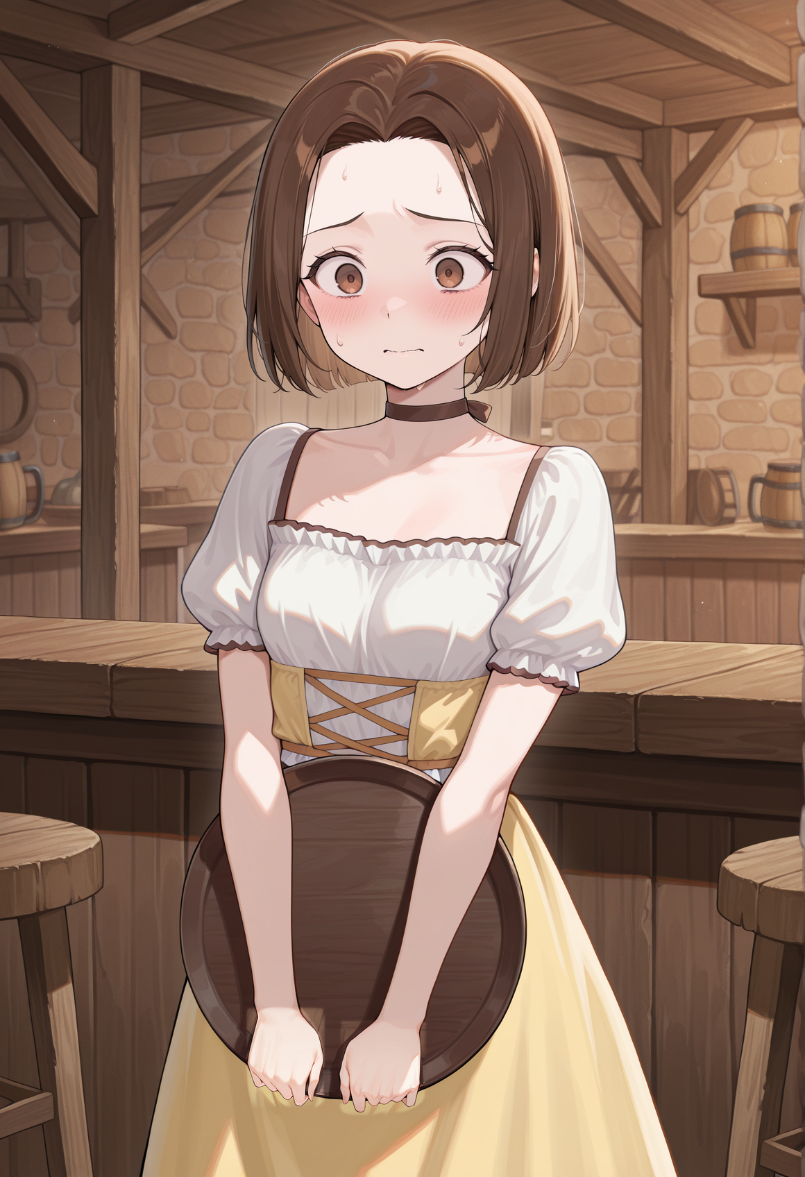 1girl,solo,  short hair, brown hair, brown eyes, choker, ribbon, yellow dress, white shirt, short sleeves, puffy sleeves, indoors, tavern, holding tray, worried  <lora:Annallee_illus:1>, masterpiece, best quality, amazing quality, very aesthetic, absurdres, highres, newest