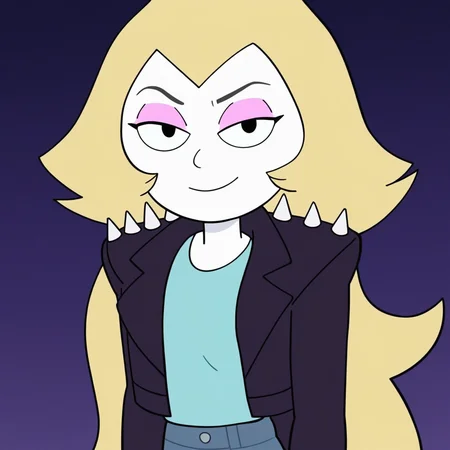 score_9, masterpiece, 1girl, Solo, female focus, Vidalia_SU, pale white skin, black eyes, blonde hair, long wavy hair, pink eyeshadow, black leather jacket with spikes on the shoulders, light blue t-shirt, blue-grey skinny jeans, high white boots, big eyes, tall stature, standing, room background, looking at viewer, perfect eyes, detailed eyes, smile, bust shot, close up to face, face portrait