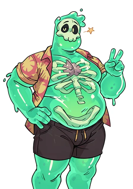 masterpiece,best quality,amazing quality, bara, 1boy, solo,male only,white background, simple background, bara,
dougmp, skull, rib cage, hawaiian shirt, shorts, chubby, slime, v sign, winking, hand on hip,