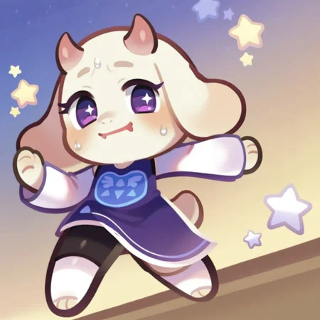 score_9_up, score_8_up, score_7_up, toriel, goat snout, purple eyes, horns, fluffy, cookie_run, chibi, sweat drops, running, smiling, small fangs, solo, gradient background, stars