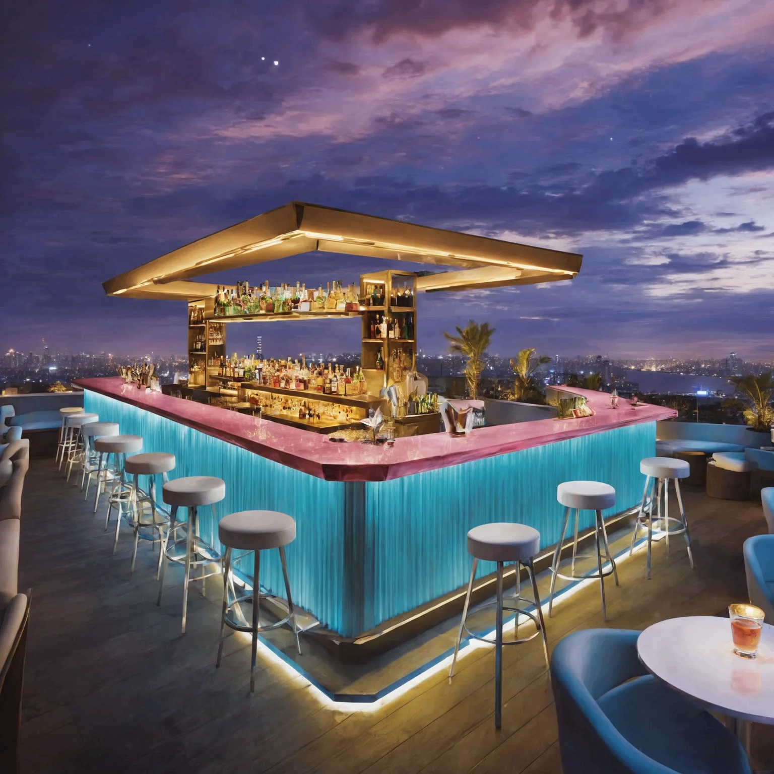 bar,sky bar,Realistic image quality,8K,best qualtiy,masterpiece,movie-level quality,architecture,city,rose,city lights,bar counter,cityscape,outdoors,rooftop,scenery,sky,skyscraper,cloudy sky,building,night,palm tree,lamppost,cup,the bar on the rooftop,champagne,skyline,buildings,balcony,railing,starry sky,dreamy sky color,<lora:20240705-1720127504546:0.7>,