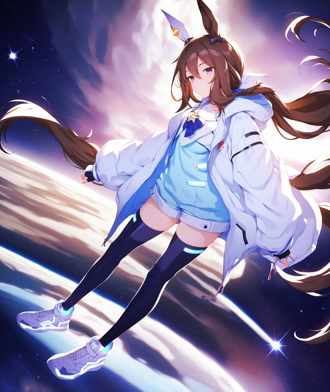 score_9, score_8_up, score_7_up, source_anime,
1girl, solo, full body,
(star \(sky\), universe:1.2), science fiction, night, space craft,
horse girl, horse ears, horse tail, purple eyes, brown hair, ponytail, standing, looking at viewer,
neo_admire_vega, gloves, jacket, shoes, black thighhighs, fingerless gloves, open jacket, white footwear, sneakers, ear covers
<lora:Admire_vega_XL-ponyXL_optV2-000008:1>